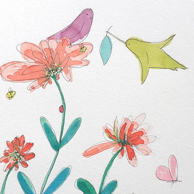 Story about a bird by Carol Gilman.  Green hummingbird is holding a blue leaf for a purple bird sitting on an orange flower.