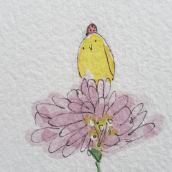 Yellow bird sitting on a pink flower with a ladybug.  Fanciful garden by Carol Gilman.  Cute birds who live in an imaginary garden.  