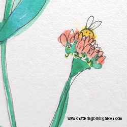 Imaginary garden with cute birds.  Story about a garden.  Bee snuggled in a flower.  Follow the story on our blog by artist Carol Gilman.  