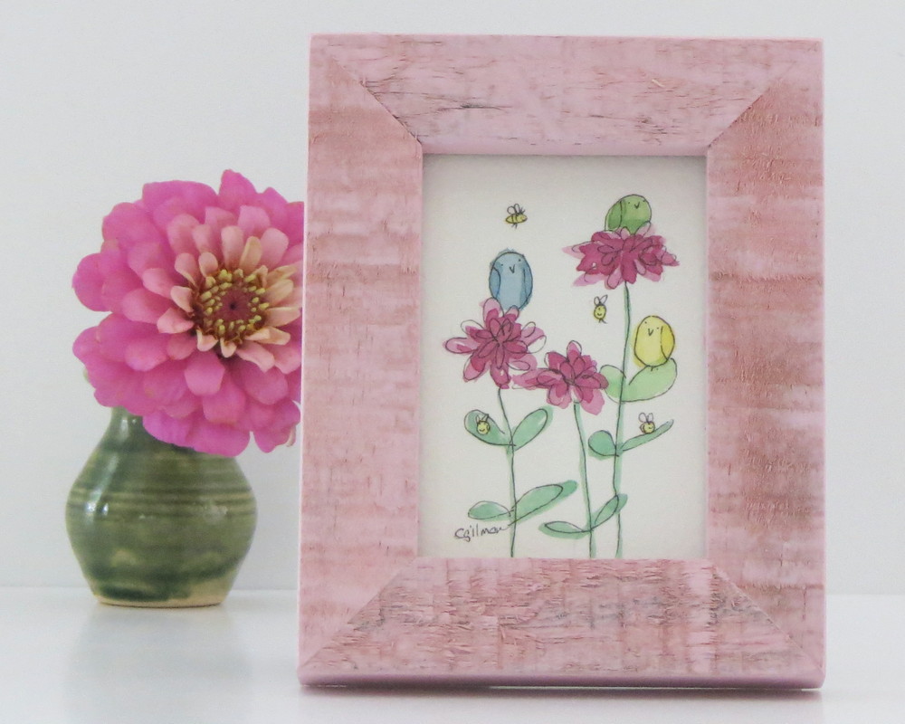 Art that makes you feel happy. Birds sitting on purple flowers with bees.