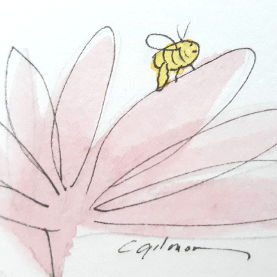 Bee with yellow pollen on her legs. Cute garden moments from a make believe garden.
