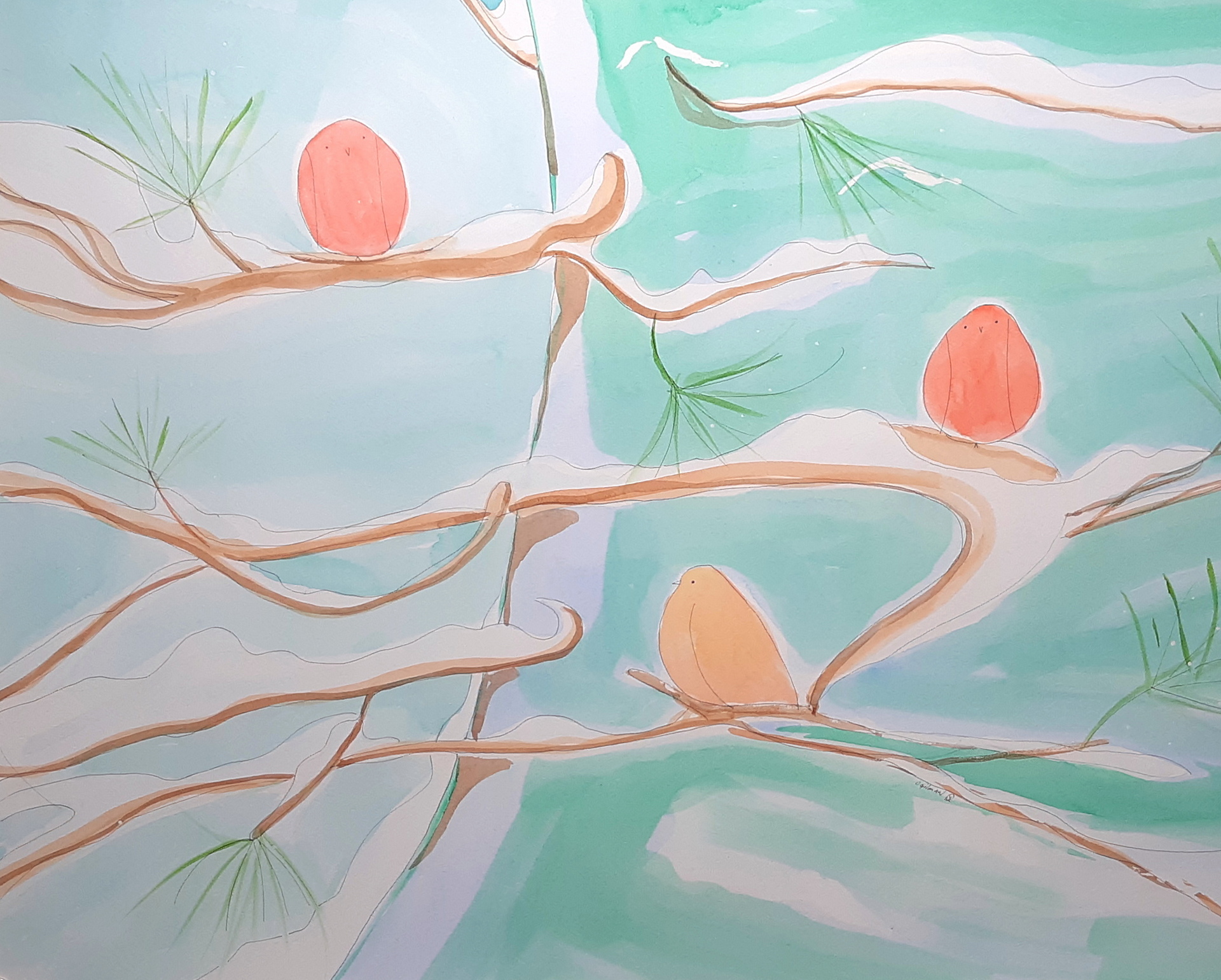 Painting of orange birds sitting in a pine tree.  