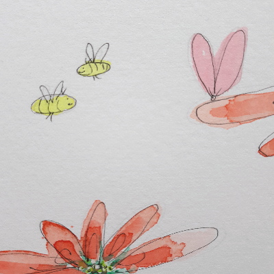 Fanciful garden with cute birds, bees, butterflies, flowers.  Created by artist Carol Gilman.  Imaginary garden.  Make believe garden.  Imaginary place.  
