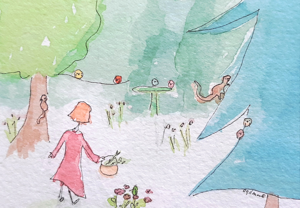 Story about a garden. Girl taking a walk in the garden with birds, squirrels, flowers, and trees. Garden walk. Garden story. Imaginary garden with cute birds. Lovely cozy fanciful garden. Cute birds. Cute bird paintings of an imaginary garden.