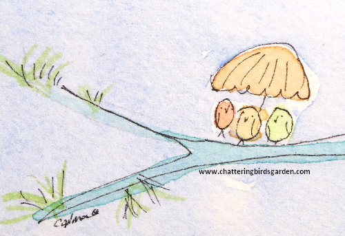 Whimsical garden.  Cute birds who live in a fanciful garden.  Imaginary garden.  