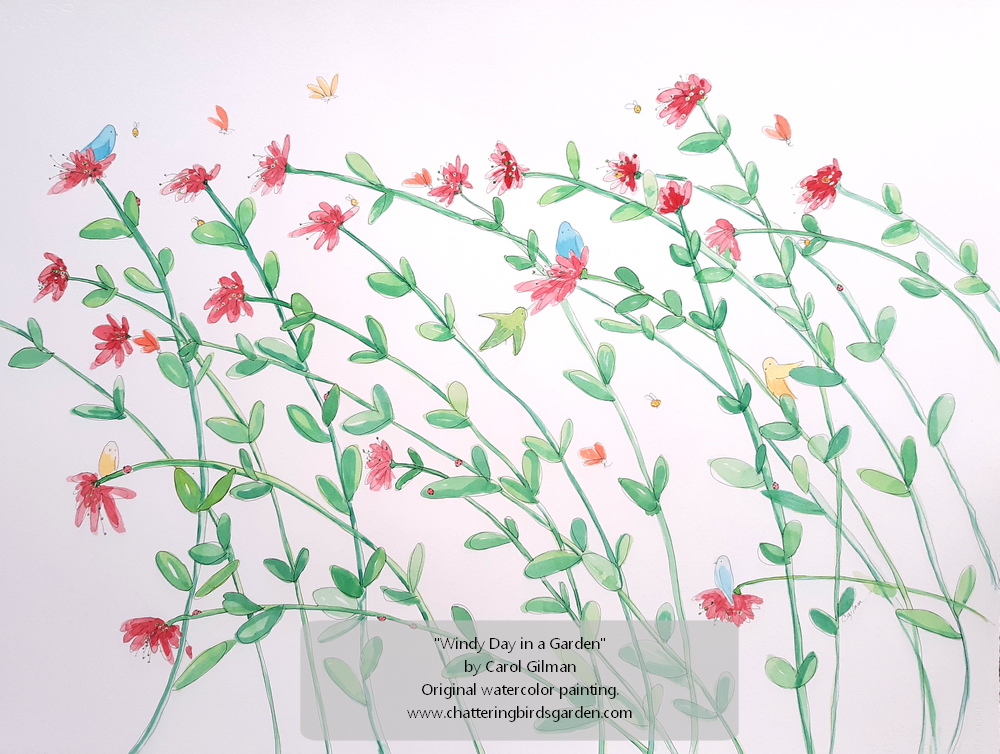 Painting of birds, flowers, butterflies, bees, and ladybugs.