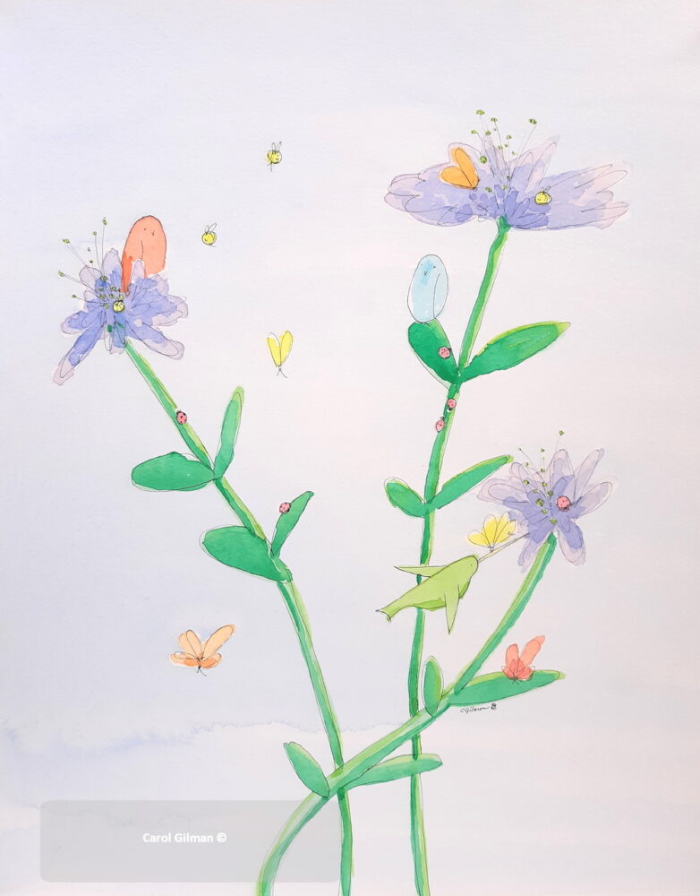 Painting of birds, flowers, bees, butterflies, and ladybugs.