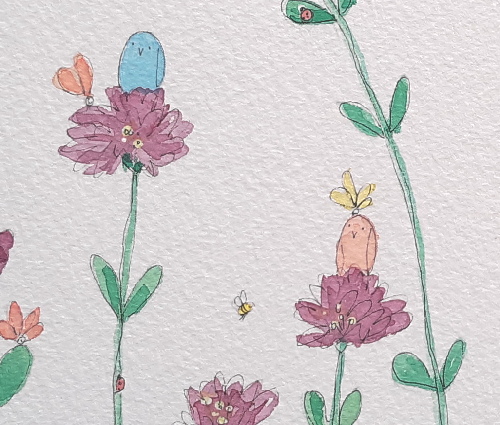 Make believe garden with cute birds.  Imaginary garden.  Fanciful garden.  Lovely story about birds who live in a garden.  Blue and orange birds sitting on flower.  