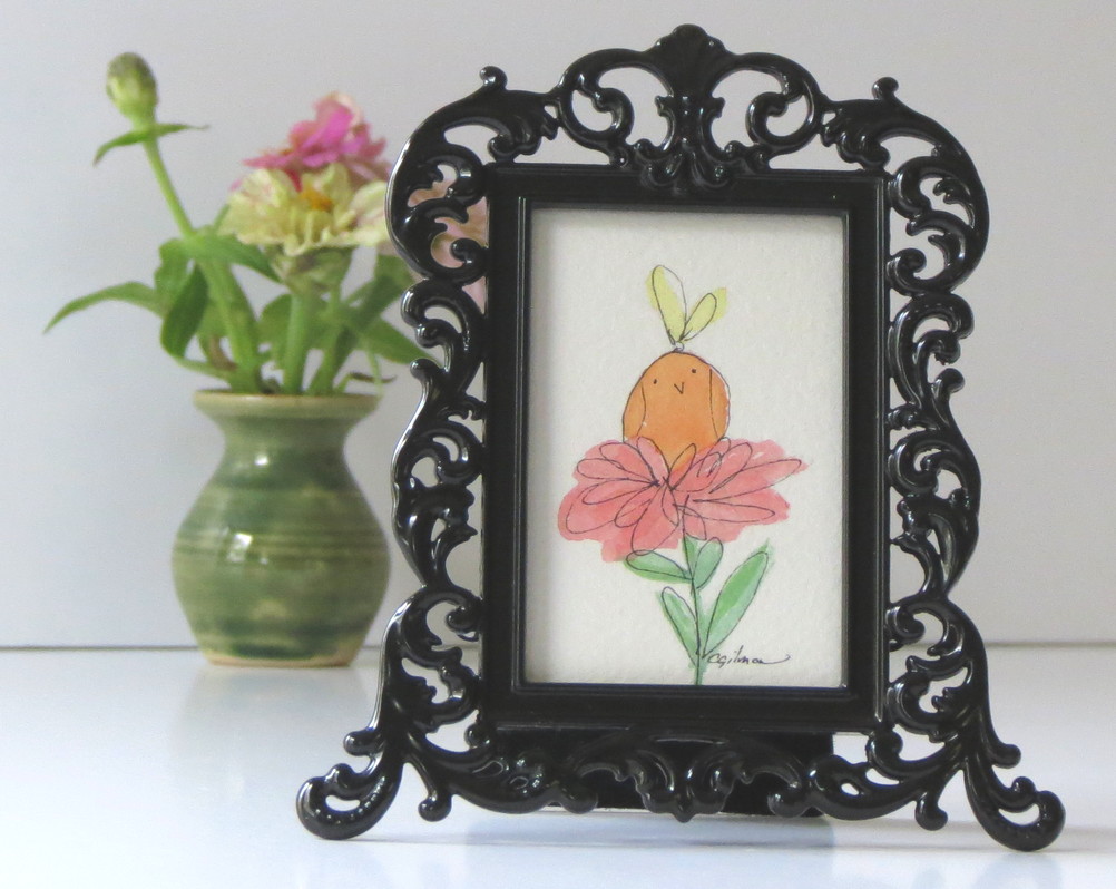 painting of an orange bird and yellow butterfly