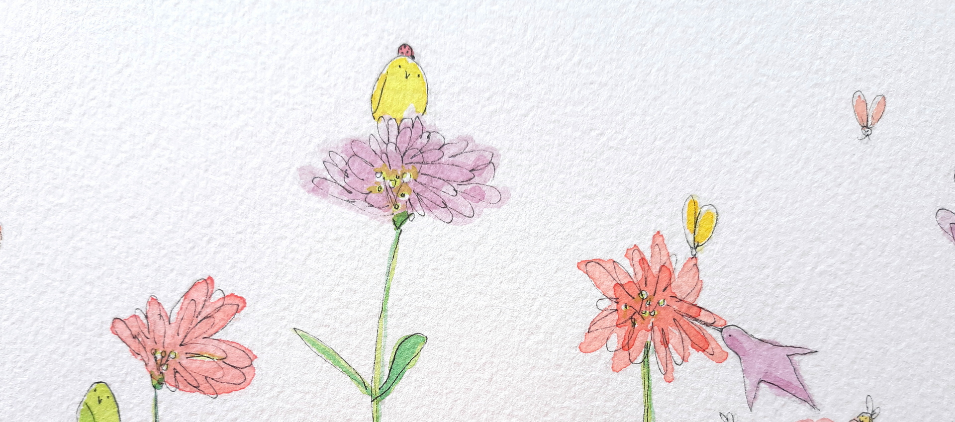 Painting of birds and flowers and a butterflies and ladybugs