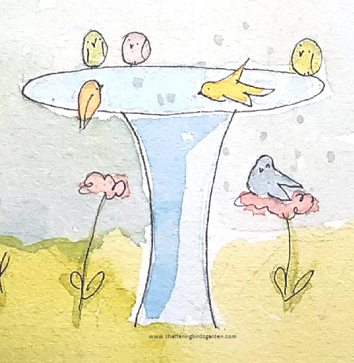 Imaginary garden. Fanciful garden with cute birds. Make believe garden. Painting of birds taking a bath in a bird bath.