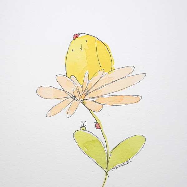 Small cute painting yellow bird sitting on an orange flower with a ladybug on her head. Visit our Gallery for cute bird paintings.