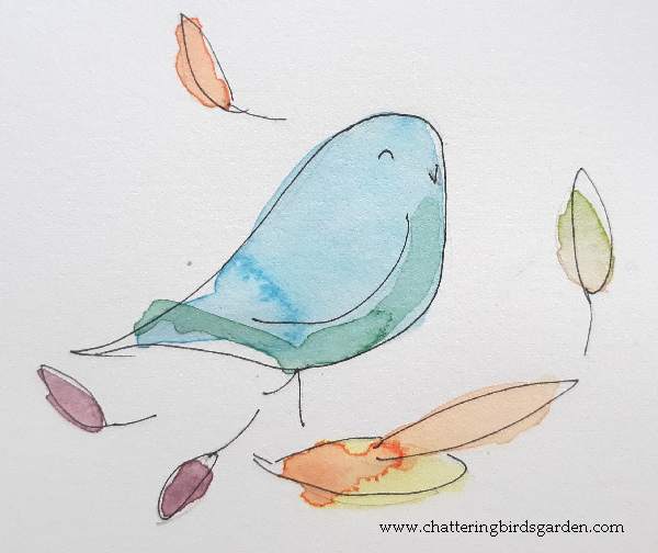 Bird rustling leaves.  Bird scratching leaves.  Autumn garden.  Imaginary garden fanciful garden.  cute blue bird