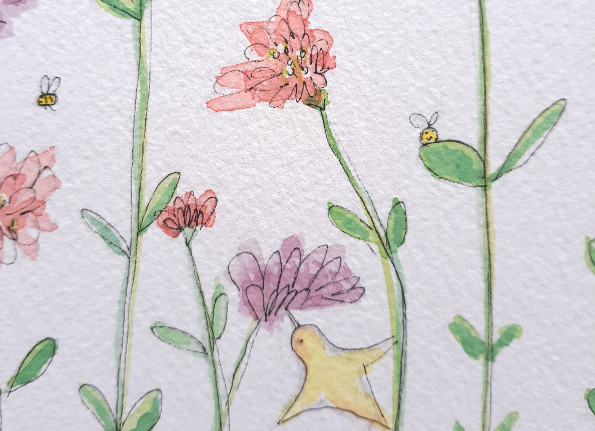 Painting of a bird and bees and flowers.  