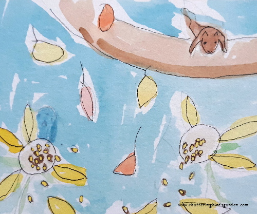 blustery day in a garden. leaves and flower seeds blowing in the wind. squirrel sitting in a tree.
