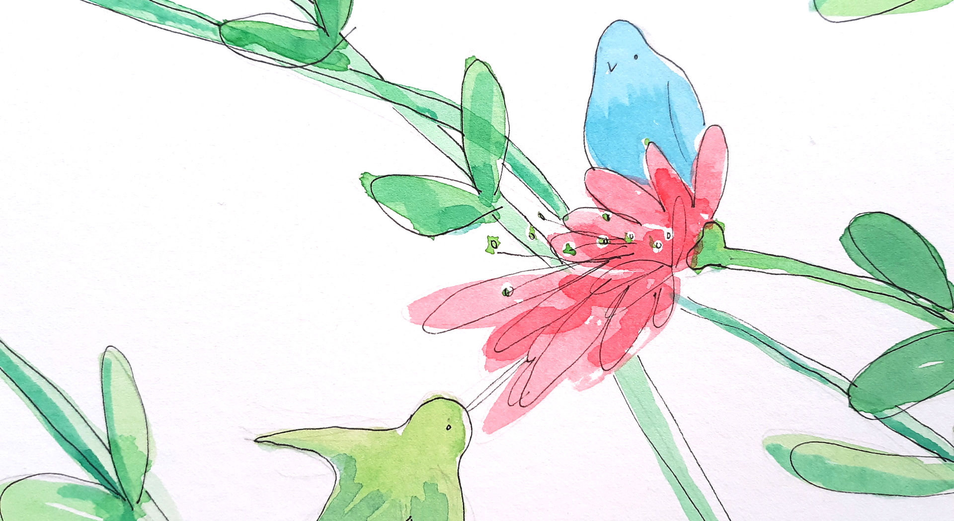 Painting of a blue and green bird sitting on pink flowers.