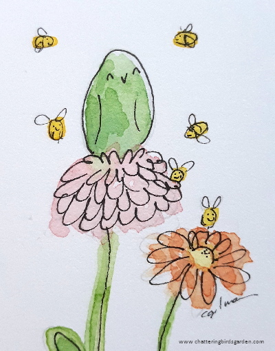 Green bird sitting on a pink flower with bees flying around. Garden story by Carol Gilman Chattering Birds Garden. Fanciful garden with cute birds. Imaginary garden. Cozy and happy make believe garden.