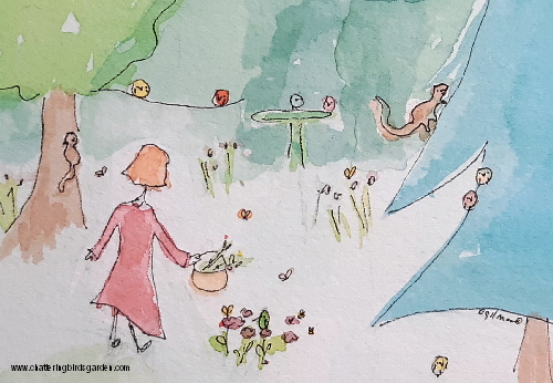 Imaginary garden with cute birds. Fanciful garden with cute stories about birds. Garden residents. Garden characters. Squirrels, butterflies, bees, ladybugs, birds.