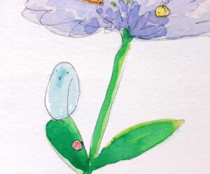 Painting of a blue bird and ladybug and bee.