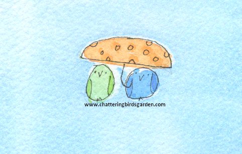 Imaginary place. Fanciful garden. Cute birds who live in an imaginary garden. Birds with umbrellas. Make believe.