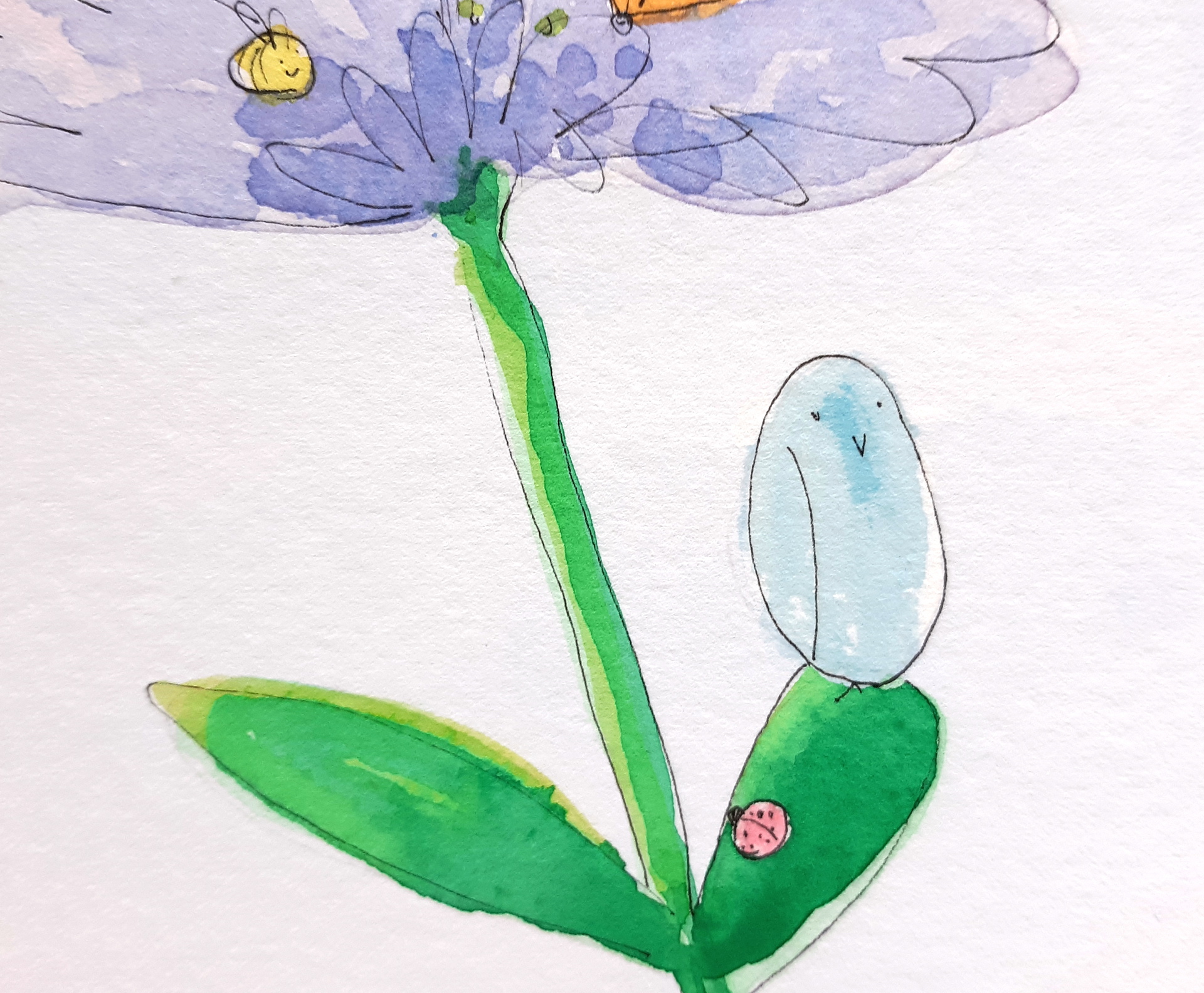Painting of a blue bird, ladybug, and bee on a flower.