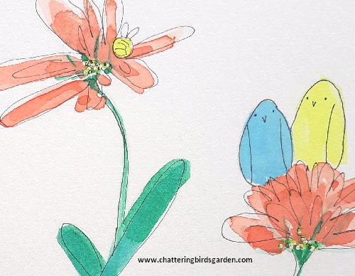 Whimsical birds. Fanciful garden. Imaginary garden. Imaginary birds.