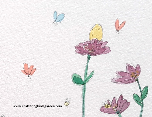 Cute birds who live in an imaginary garden.  Fanciful garden.  Make believe garden.  Soft and cozy garden.  Story about a garden.  Garden story.  