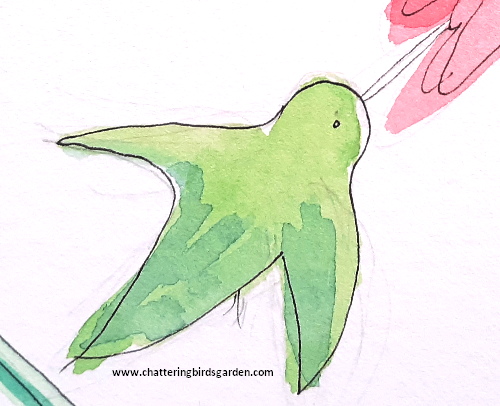 Imaginary bird. Imaginary hummingbird. Green hummingbird. Fanciful garden. Make believe garden.