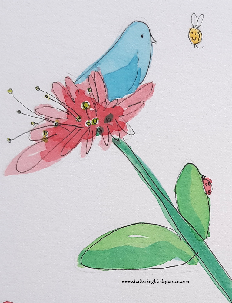 Imaginary garden. Fanciful garden. Cute birds and flowers in a garden. Garden newsletter. Story about a garden. Garden story. quiet imaginary garden.