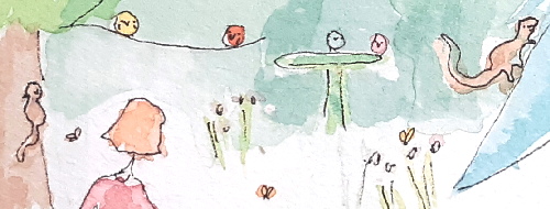 Squirrels from an imaginary garden.  Make believe squirrels.  Fanciful garden.  Characters who live in a garden.  squirrels who live in an imaginary garden.  Garden animals.