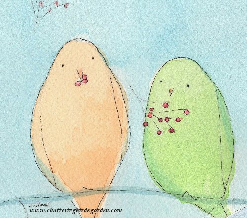 Birds eating berries. Fall in the garden. Cute orange and green bird. Fanciful garden. Imaginary garden.