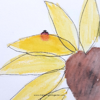 Cute ladybug peaks over edge of flower petal. Cute happenings in a make believe garden.