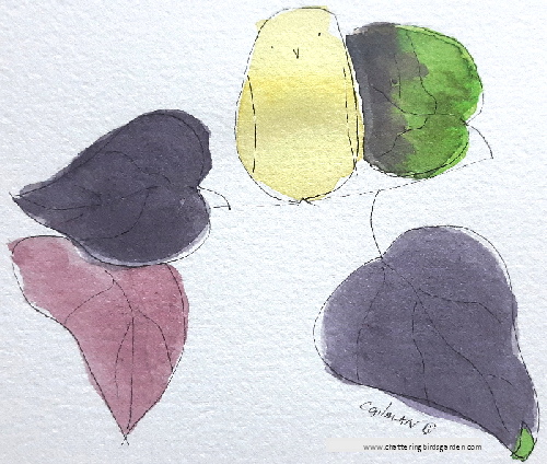 Purple lilac leaves. Cute yellow bird. Imaginary garden. Fanciful garden.